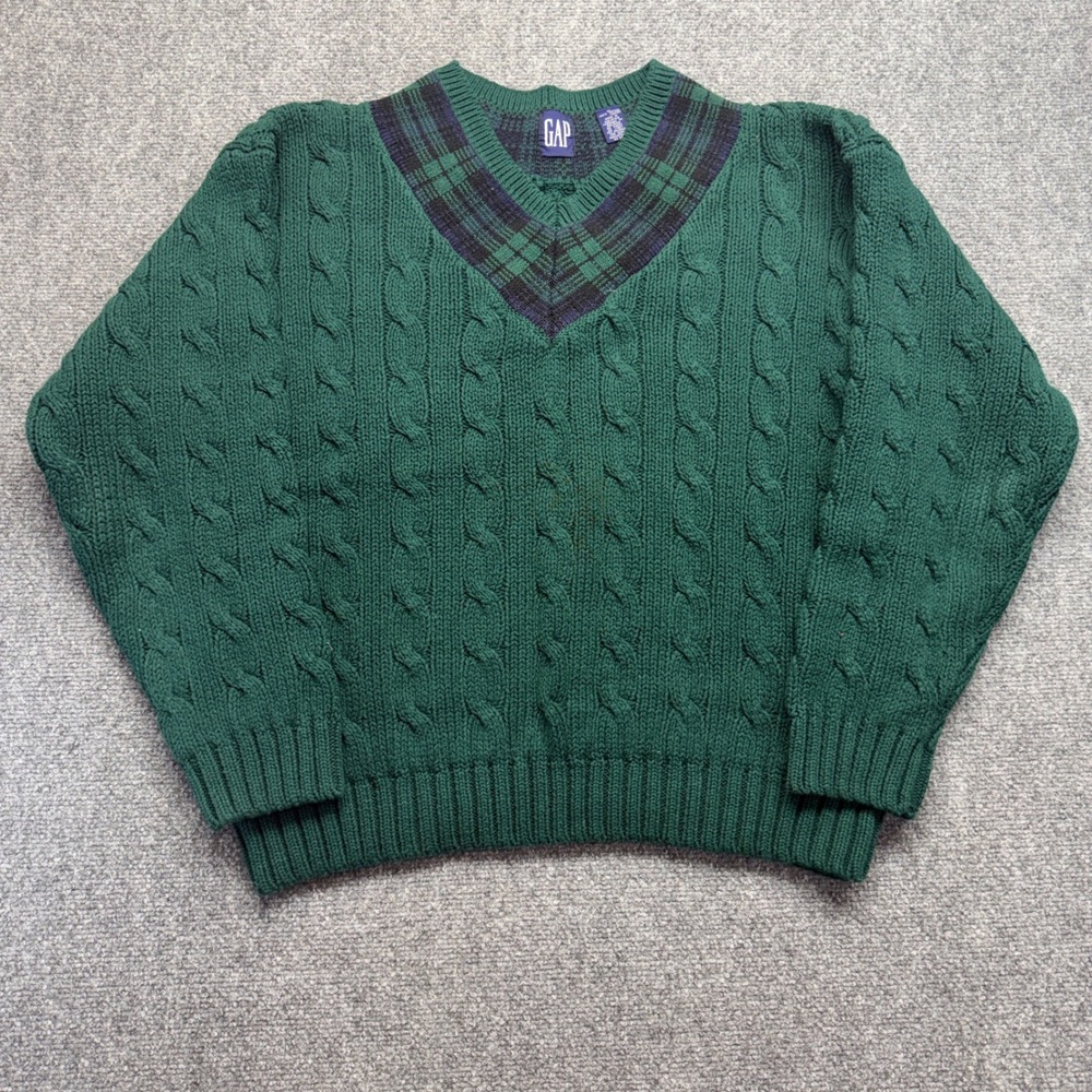 Vintage Gap Mens Green Cable Knit Plaid V-Neck Sweater 100% Cotton Size M